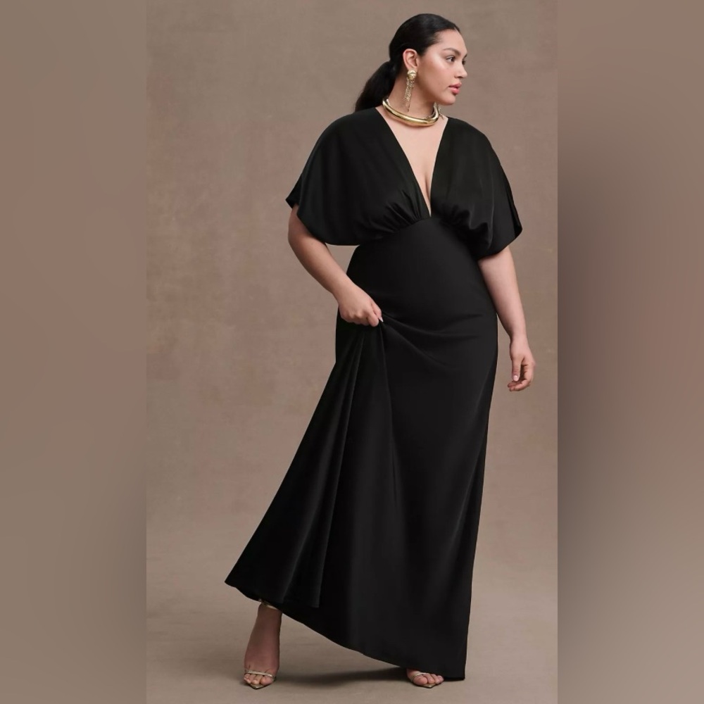 BHLDN Leila Deep-V Flutter Sleeve Satin A-Line Gown